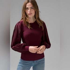 White House Black Market Burgundy Puff Sleeve Ribbed Top